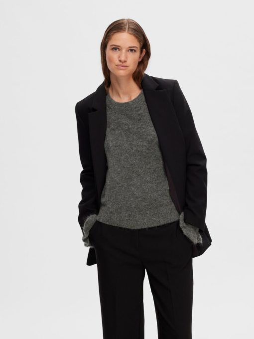 Selected Femme Ras Knit Frill Cuff O-Neck Medium Grey Melange