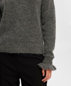 Selected Femme Ras Knit Frill Cuff O-Neck Medium Grey Melange