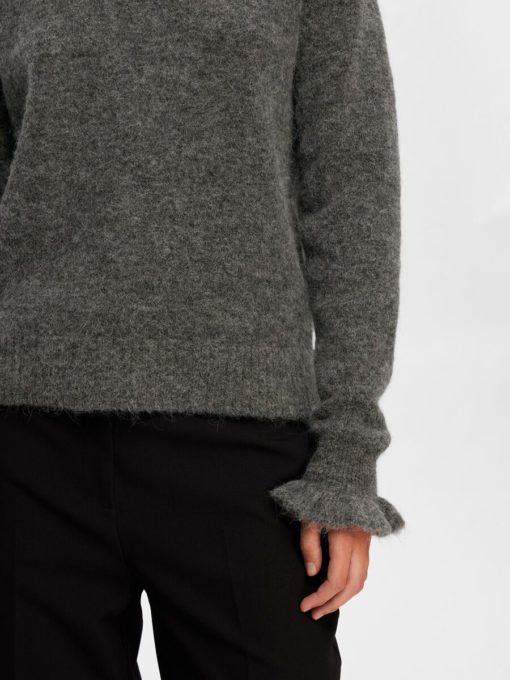 Selected Femme Ras Knit Frill Cuff O-Neck Medium Grey Melange