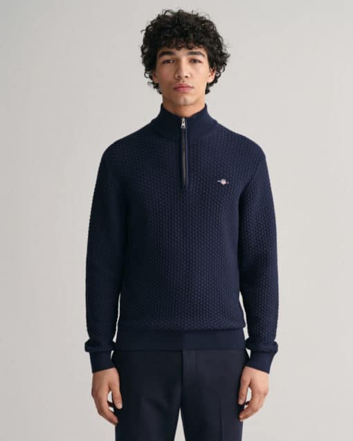 Gant Cotton Texture Half Zip Knit Evening Blue