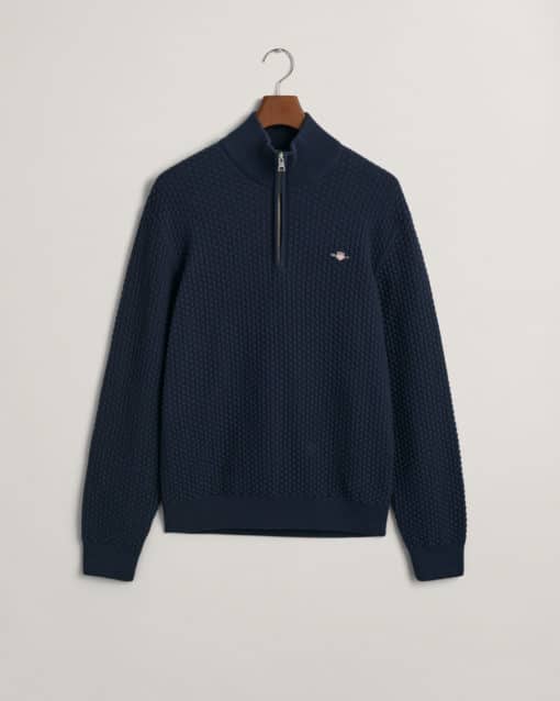 Gant Cotton Texture Half Zip Knit Evening Blue