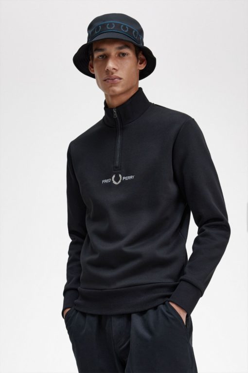 Fred Perry Embroidered Half Zip Sweatshirt Black