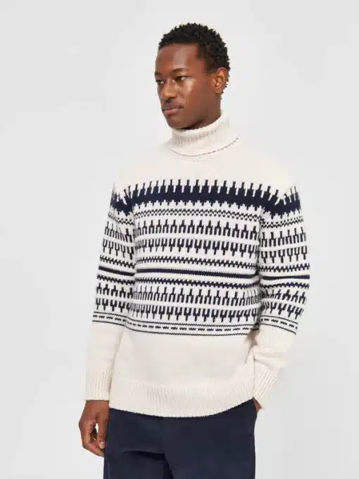 Knowledge Cotton Apparel Knitted Pattern Roll Neck Beige Stripe