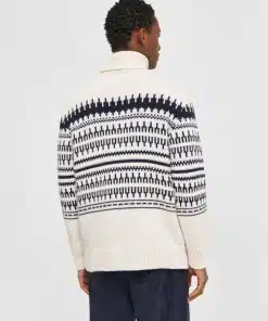 Knowledge Cotton Apparel Knitted Pattern Roll Neck Beige Stripe