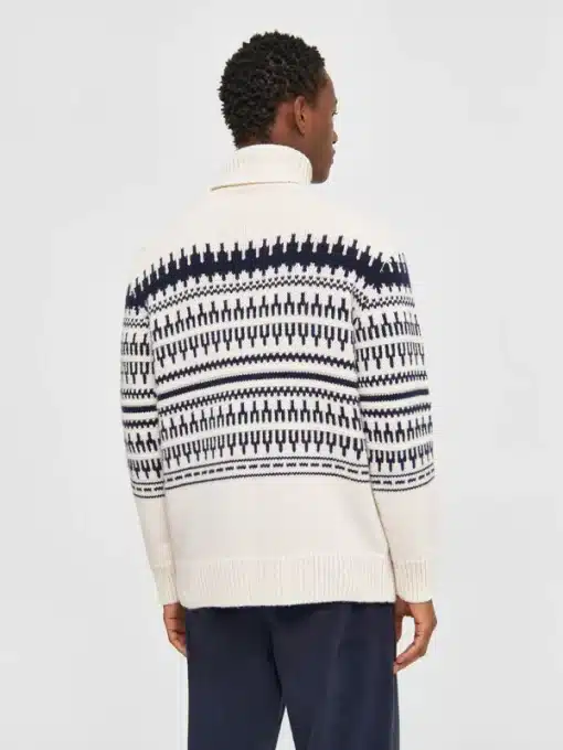 Knowledge Cotton Apparel Knitted Pattern Roll Neck Beige Stripe