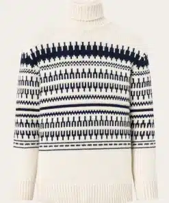 Knowledge Cotton Apparel Knitted Pattern Roll Neck Beige Stripe
