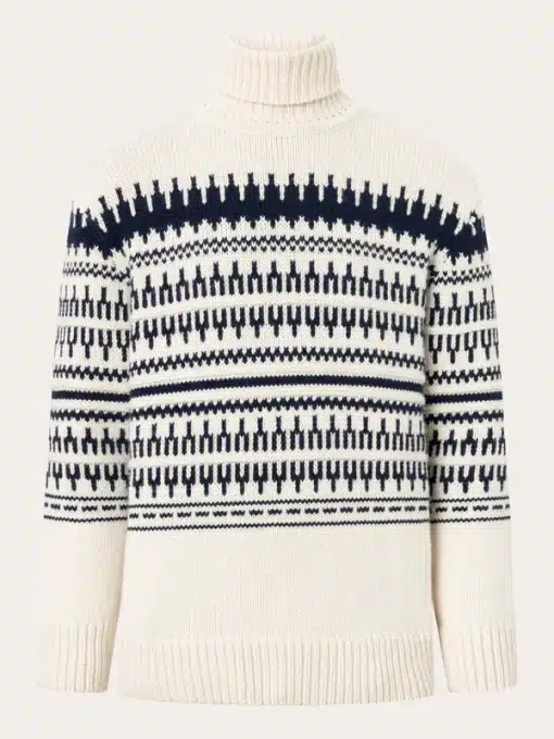 Knowledge Cotton Apparel Knitted Pattern Roll Neck Beige Stripe