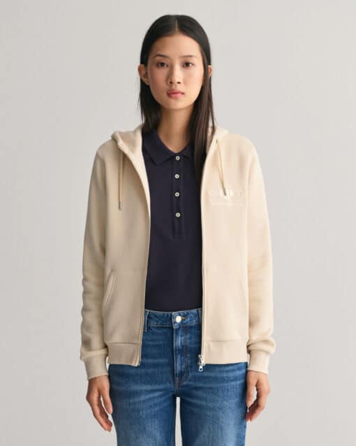 Gant Woman Tonal Archive Shield Zip Hoodie Soft Oat
