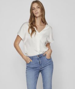 Vila Ellette Satin V- Neck Top Snow White