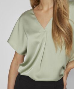 Vila Ellette Satin V- Neck Top Swamp