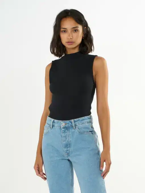 Knowledge Cotton Apparel High Neck Rib Top Black Jet