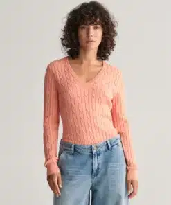 Gant Woman Stretch Cotton Cable V-Neck Peachy Pink