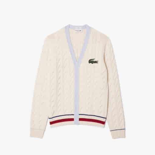 Lacoste Unisex V-Neck Cable Knit Cardigan White/Light Blue/Bordeaux