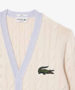 Lacoste Unisex V-Neck Cable Knit Cardigan White/Light Blue/Bordeaux