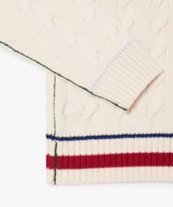 Lacoste Unisex V-Neck Cable Knit Cardigan White/Light Blue/Bordeaux