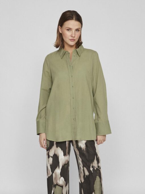 Vila Linaja Button Linen Shirt Oil Green