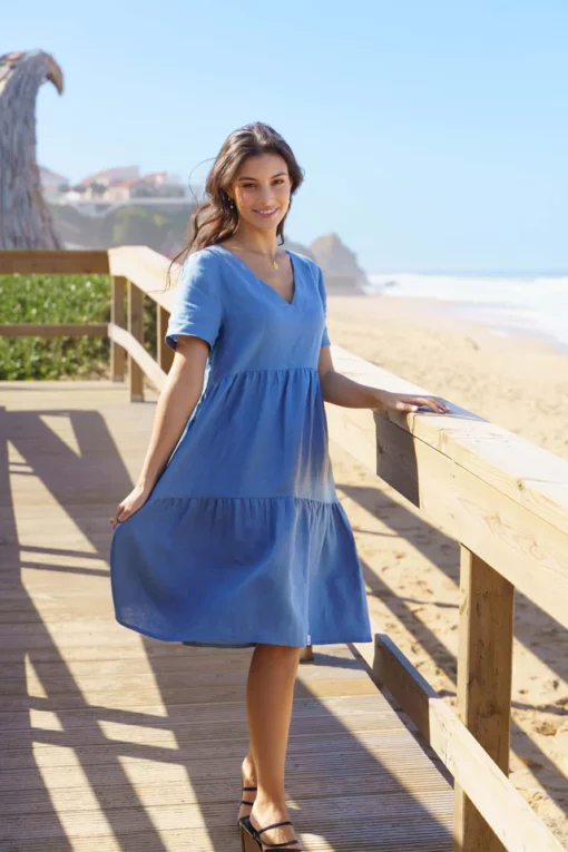 Nakoa Layered Linen Dress Bluestone