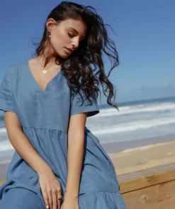 Nakoa Layered Linen Dress Bluestone