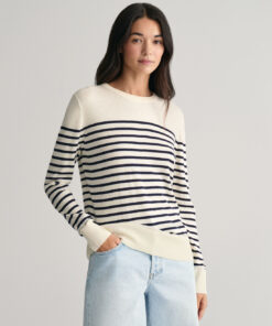 Gant Woman Fine Knit Striped C-Neck Sweater Cream