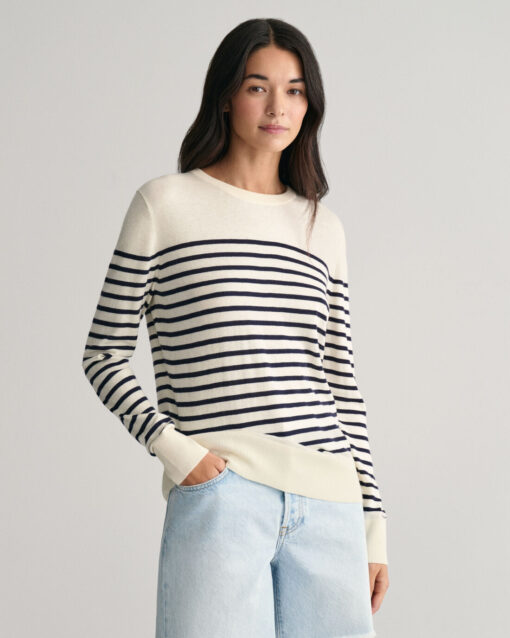 Gant Woman Fine Knit Striped C-Neck Sweater Cream