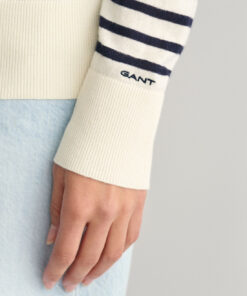 Gant Woman Fine Knit Striped C-Neck Sweater Cream