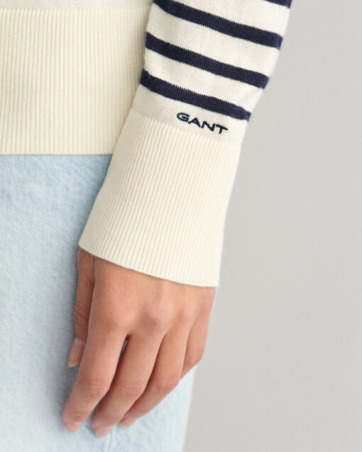 Gant Woman Fine Knit Striped C-Neck Sweater Cream