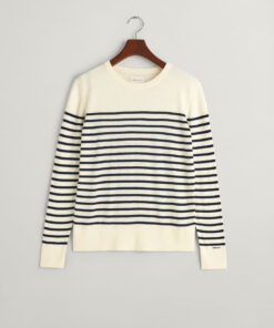 Gant Woman Fine Knit Striped C-Neck Sweater Cream