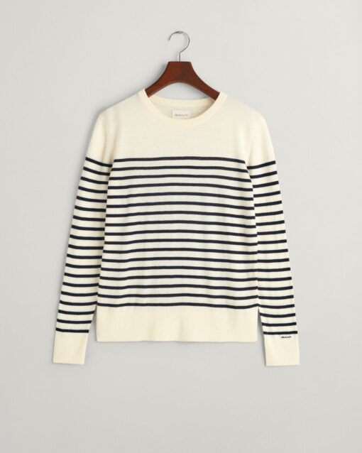 Gant Woman Fine Knit Striped C-Neck Sweater Cream