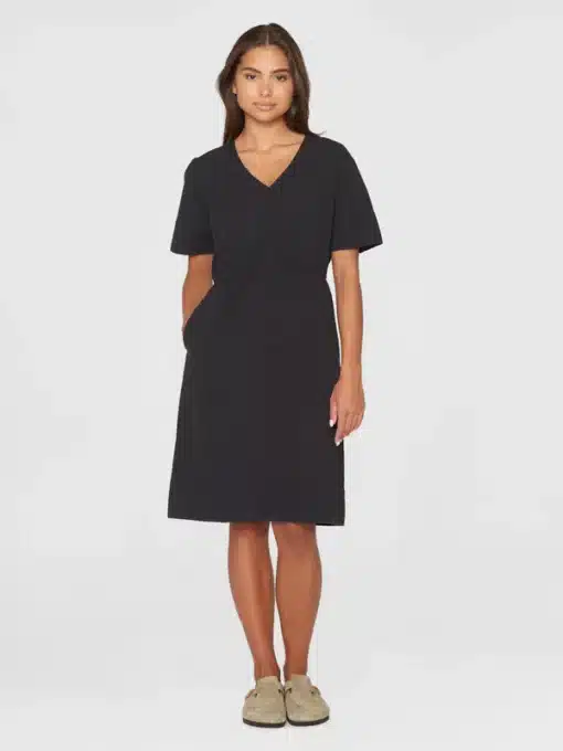 Knowledge Cotton Apparel V-Neck Slub Yarn Dress Black Jet