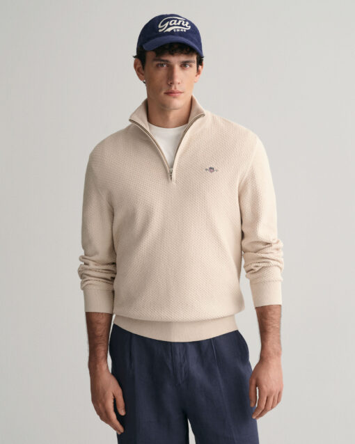 Gant Structure Cotton Half Zip Knit Soft Oat