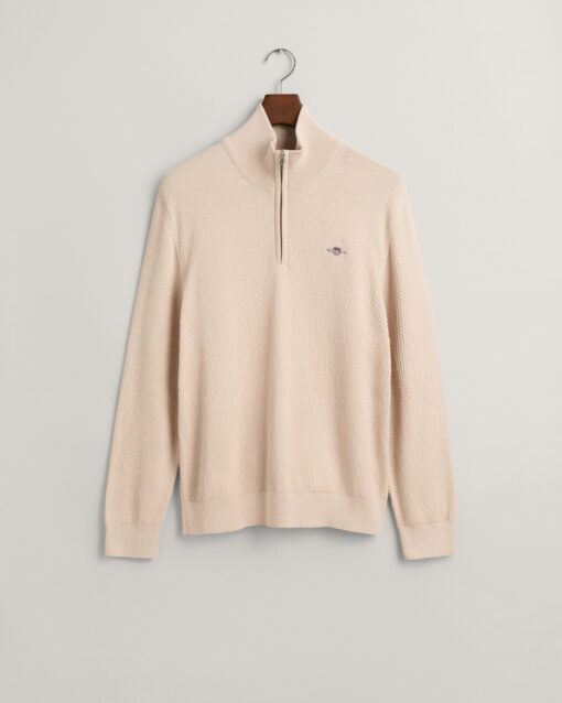 Gant Structure Cotton Half Zip Knit Soft Oat