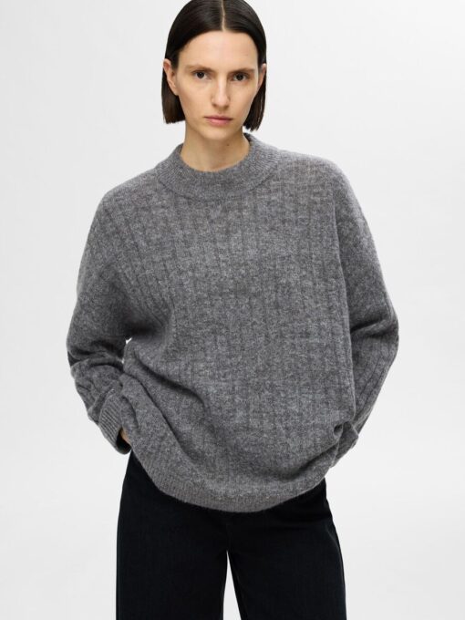 Selected Femme Maline High Neck Knit Medium Grey Melange
