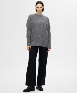 Selected Femme Maline High Neck Knit Medium Grey Melange