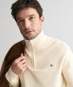 Gant Cotton MIcro Textured Half Zip Cream