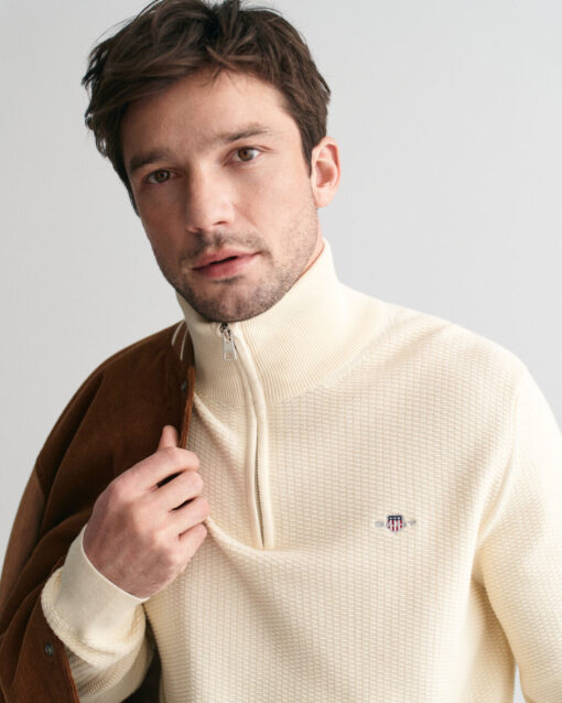 Gant Cotton MIcro Textured Half Zip Cream