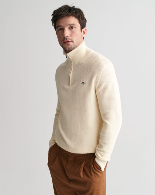 Gant Cotton MIcro Textured Half Zip Cream