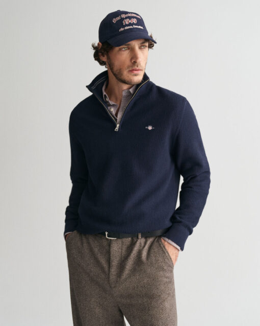 Gant Cotton MIcro Textured Half Zip Evening Blue