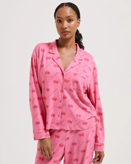 Juicy Couture Estelle & Nolan Pyjama Set Pink & Red Crown Print
