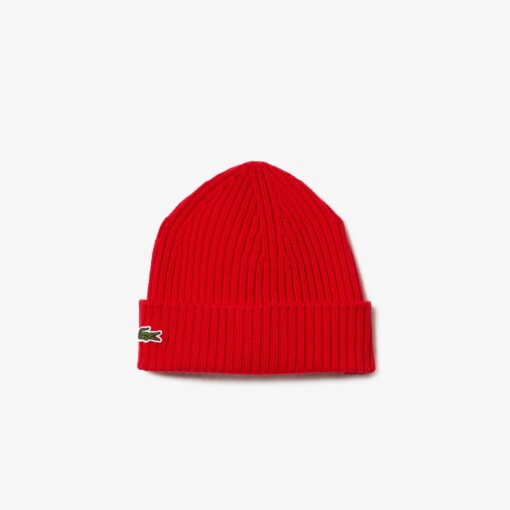 Lacoste Rib Knit Brushed Wool Beanie Red