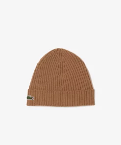 Lacoste Rib Knit Brushed Wool Beanie Brown