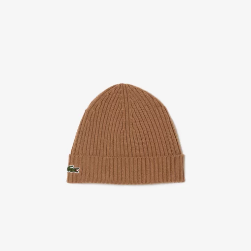 Lacoste Rib Knit Brushed Wool Beanie Brown