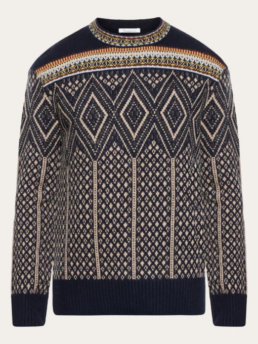 Knowledge Cotton Apparel Fair Isle Lambswool Sweater Blue
