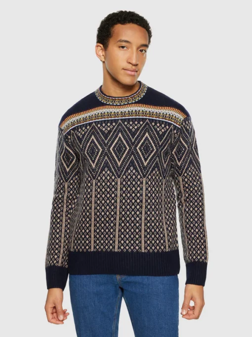 Knowledge Cotton Apparel Fair Isle Lambswool Sweater Blue