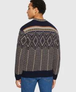 Knowledge Cotton Apparel Fair Isle Lambswool Sweater Blue