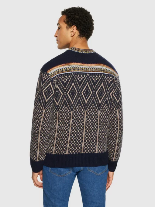 Knowledge Cotton Apparel Fair Isle Lambswool Sweater Blue