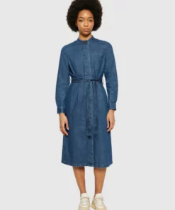 Knowledge Cotton Apparel Denim Shirt Dress Dark Blue Denim