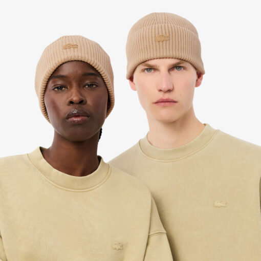 Lacoste Ribbed Cotton Beanie Beige