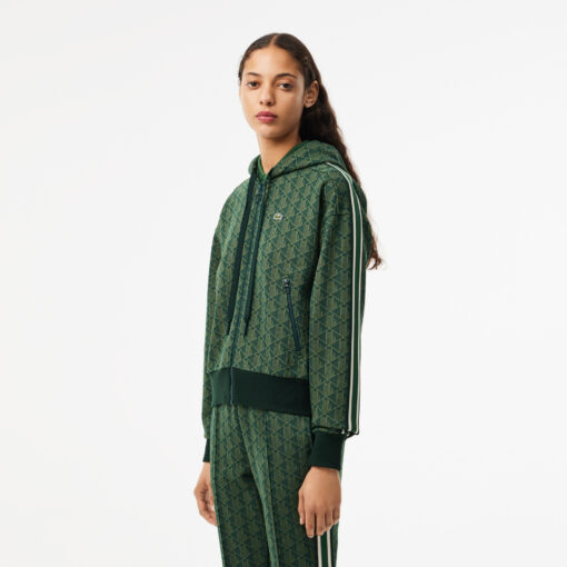 Lacoste Monogrammed Jaqcquard Zip Front Hoodie Green/Khaki Green