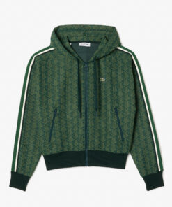 Lacoste Monogrammed Jaqcquard Zip Front Hoodie Green/Khaki Green