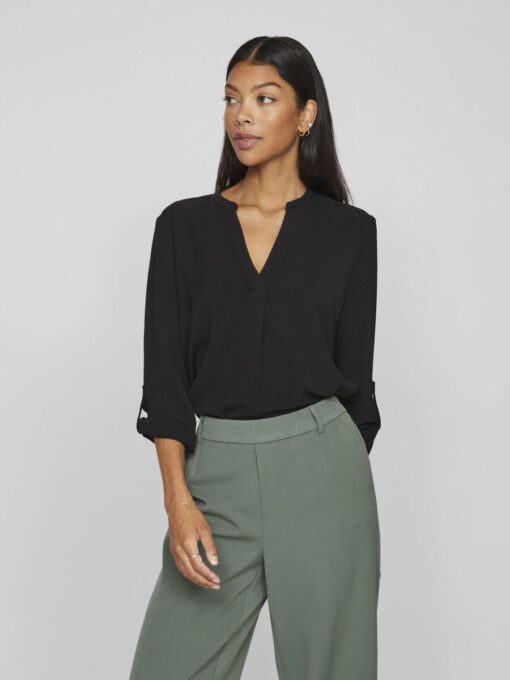 Vila Josa Turn-up V-neck Top Black